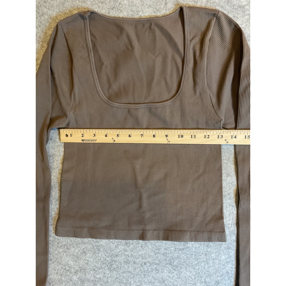 QQQ Women Brown Ribbed Square Neck Long Sleeve Seamless Crop Top Large - Picture 5 of 7